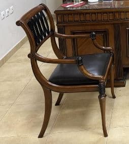An elegant Neoclassical style armchair featuring a dark wood frame with a black upholstered seat and decorative black backrest elements. The chair has curved arms with black accents, turned front legs, and sabre-style rear legs. — 3D model