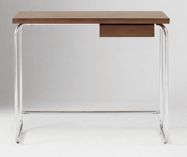 A modern desk with a rectangular wooden top and a single drawer. The frame consists of polished tubular metal legs that curve inwards and connect to form a stable base. A horizontal metal bar provides additional support. — 3D model