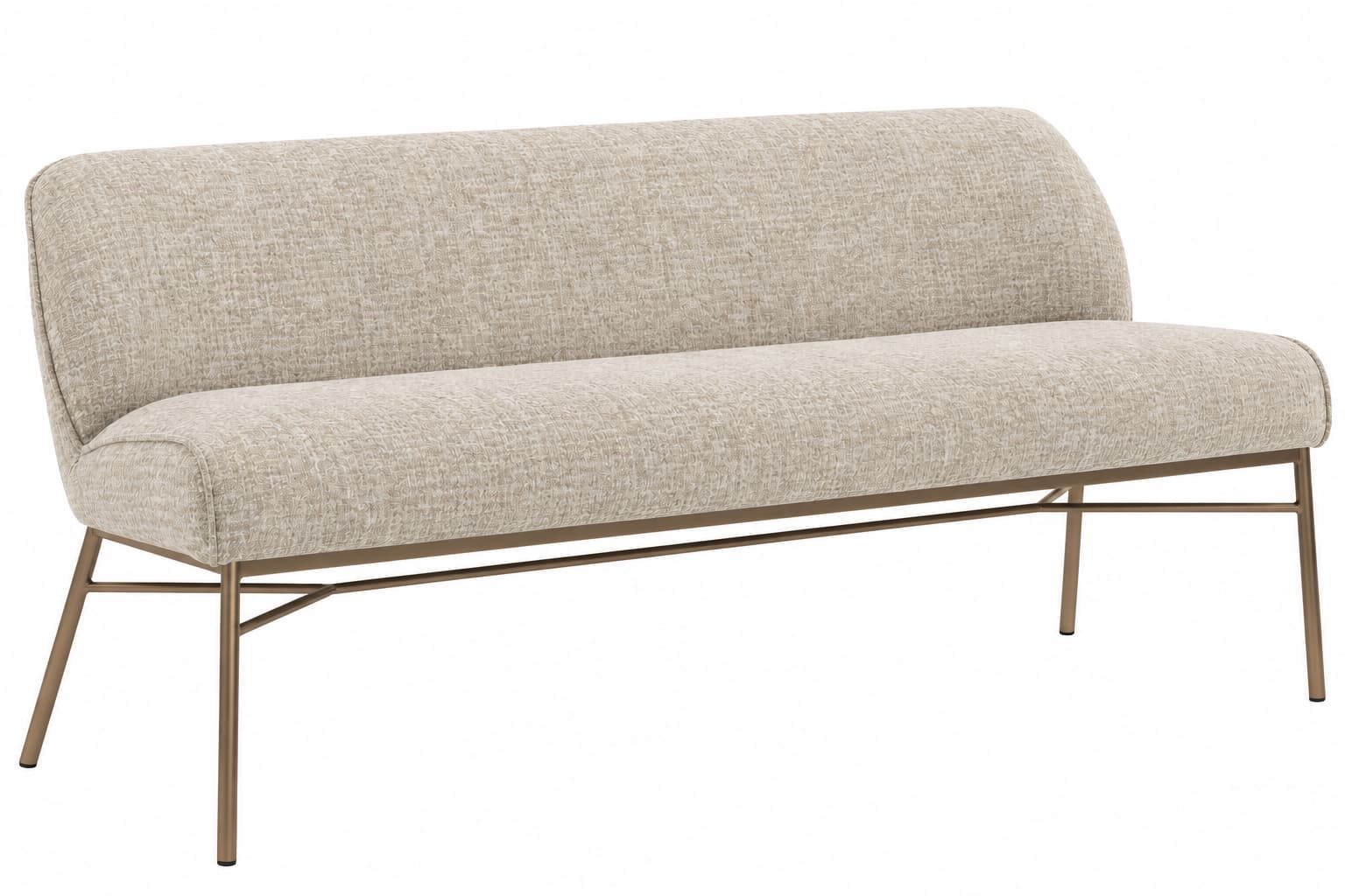 A modern two-seater bench featuring a minimalist design with a light-colored, textured fabric upholstery. The seat and backrest are continuously upholstered, and it rests on a slender metal frame with four splayed legs and a bronze finish. — 3D model