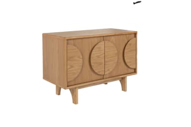A modern storage cabinet constructed from light-colored oak wood, featuring two doors with distinctive semi-circular carved handles that form a full circle when the doors are closed. The cabinet stands on four splayed, tapered legs. The design is clean and minimalist, highlighting the natural wood grain. — 3D model