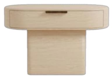 A modern, light wood nightstand with an oval-shaped top surface and an integrated drawer, supported by a rectangular block base. The design features rounded edges and a minimalist aesthetic. — 3D model