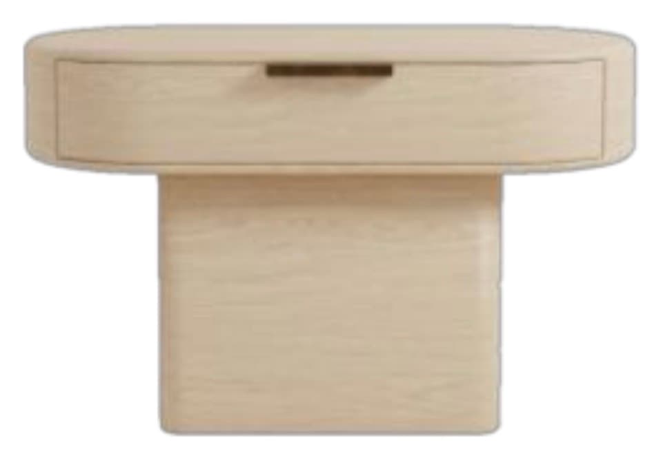 A modern, light wood nightstand with an oval-shaped top surface and an integrated drawer, supported by a rectangular block base. The design features rounded edges and a minimalist aesthetic. — 3D model