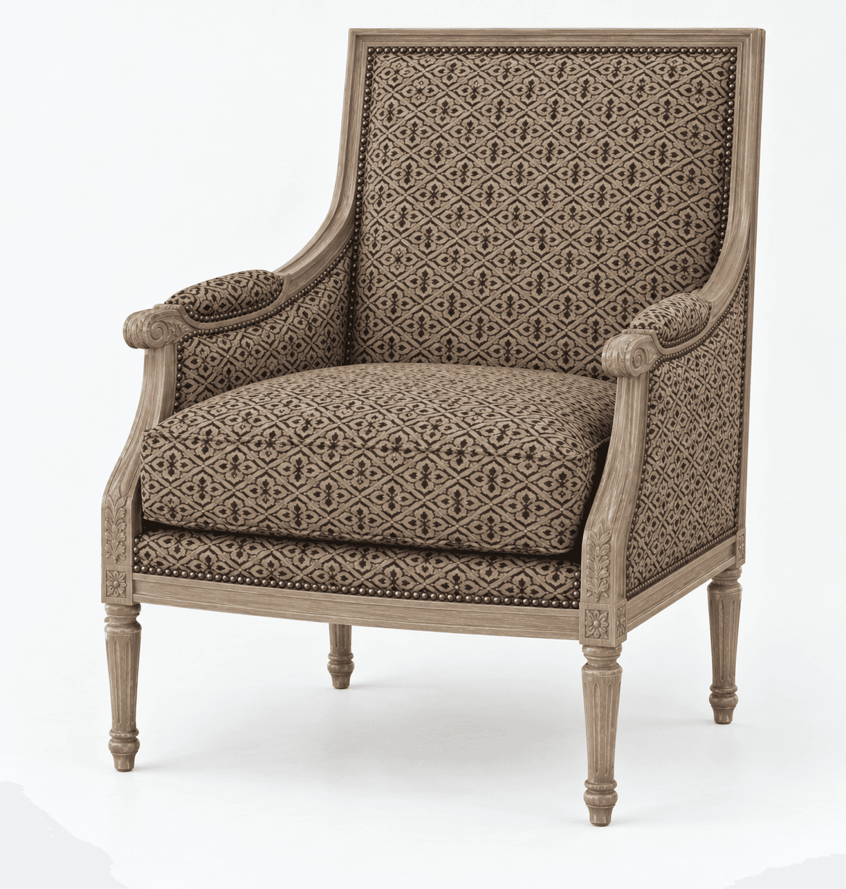 An upholstered armchair featuring an exposed, carved light-toned wooden frame and beige patterned fabric. The frame exhibits intricate carvings on the armrests and legs, which are fluted and tapered. The upholstery is secured with decorative nailhead trim along the edges of the seat and backrest. — 3D model