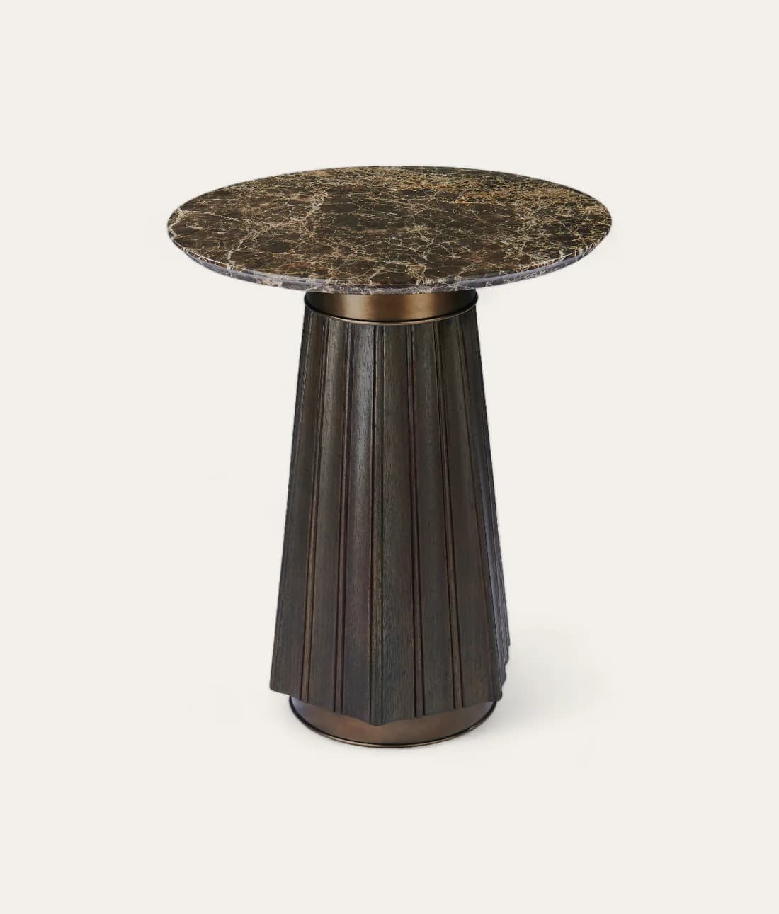 A round accent table featuring a dark, veined marble top supported by a flared, fluted pedestal base. The base is constructed from dark wood and is accented with a metallic band at the top and bottom. — 3D model