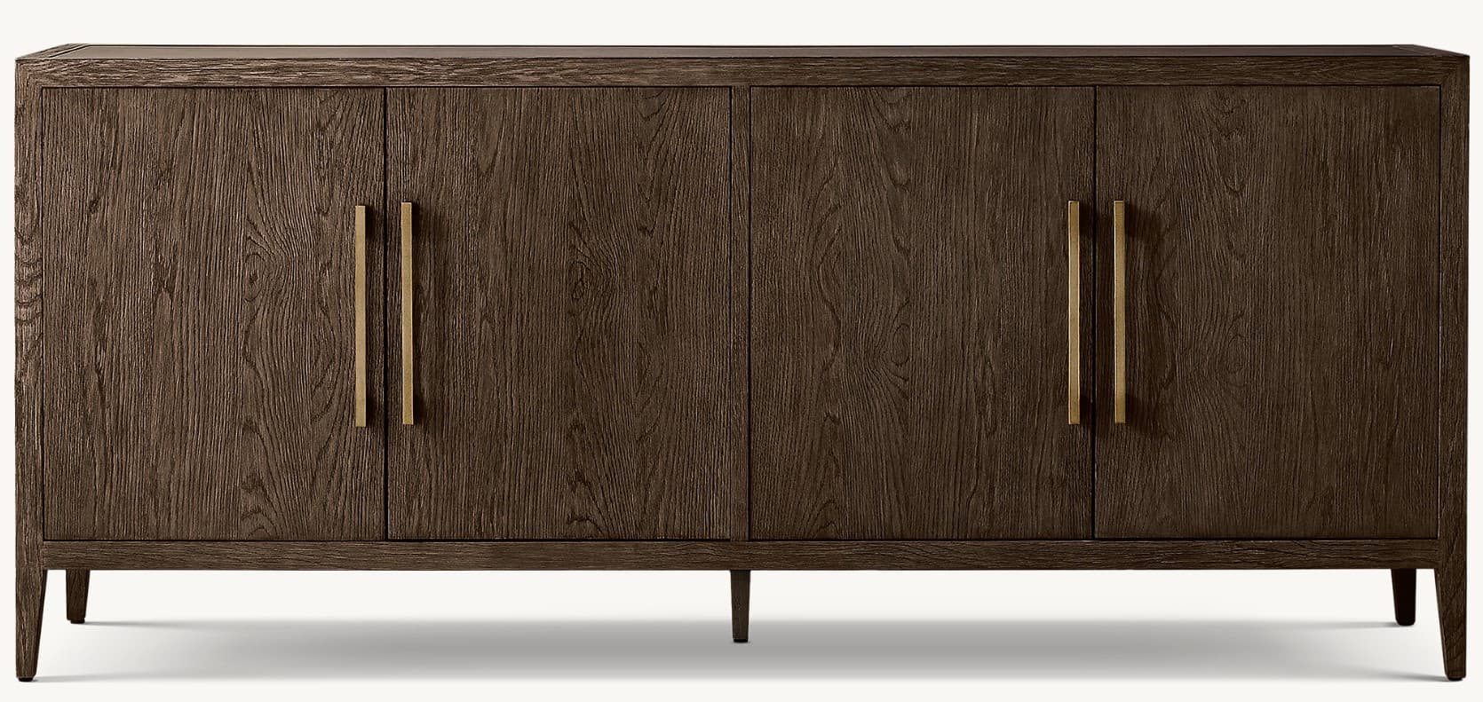 A long, low, dark brown wood cabinet featuring four paneled doors with prominent vertical brass bar handles, resting on short, tapered wooden legs. The wood grain is visible and textured. — 3D model