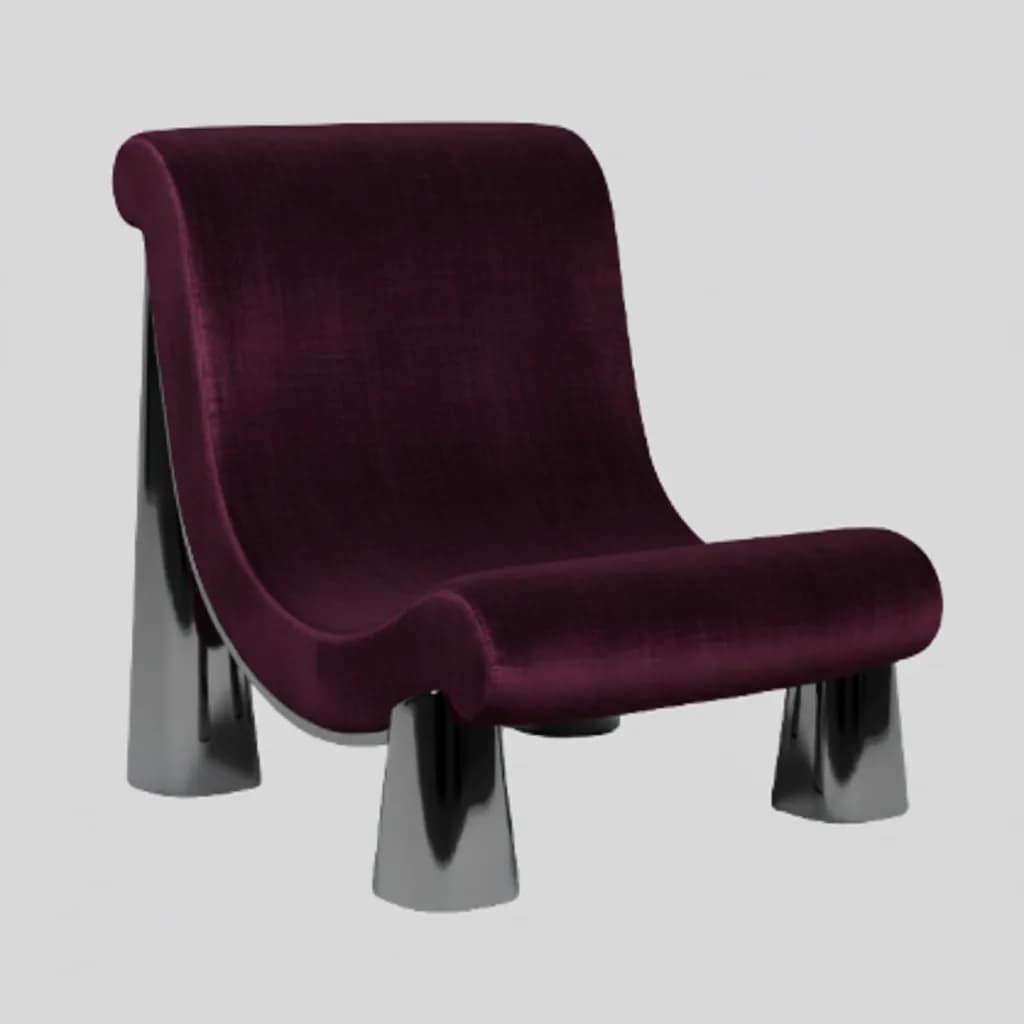 An armless lounge chair with a continuous, undulating form, upholstered in deep plum velvet and supported by four polished chrome tapered legs. The design features a curved backrest and seat, flowing seamlessly into the leg structure. — 3D model