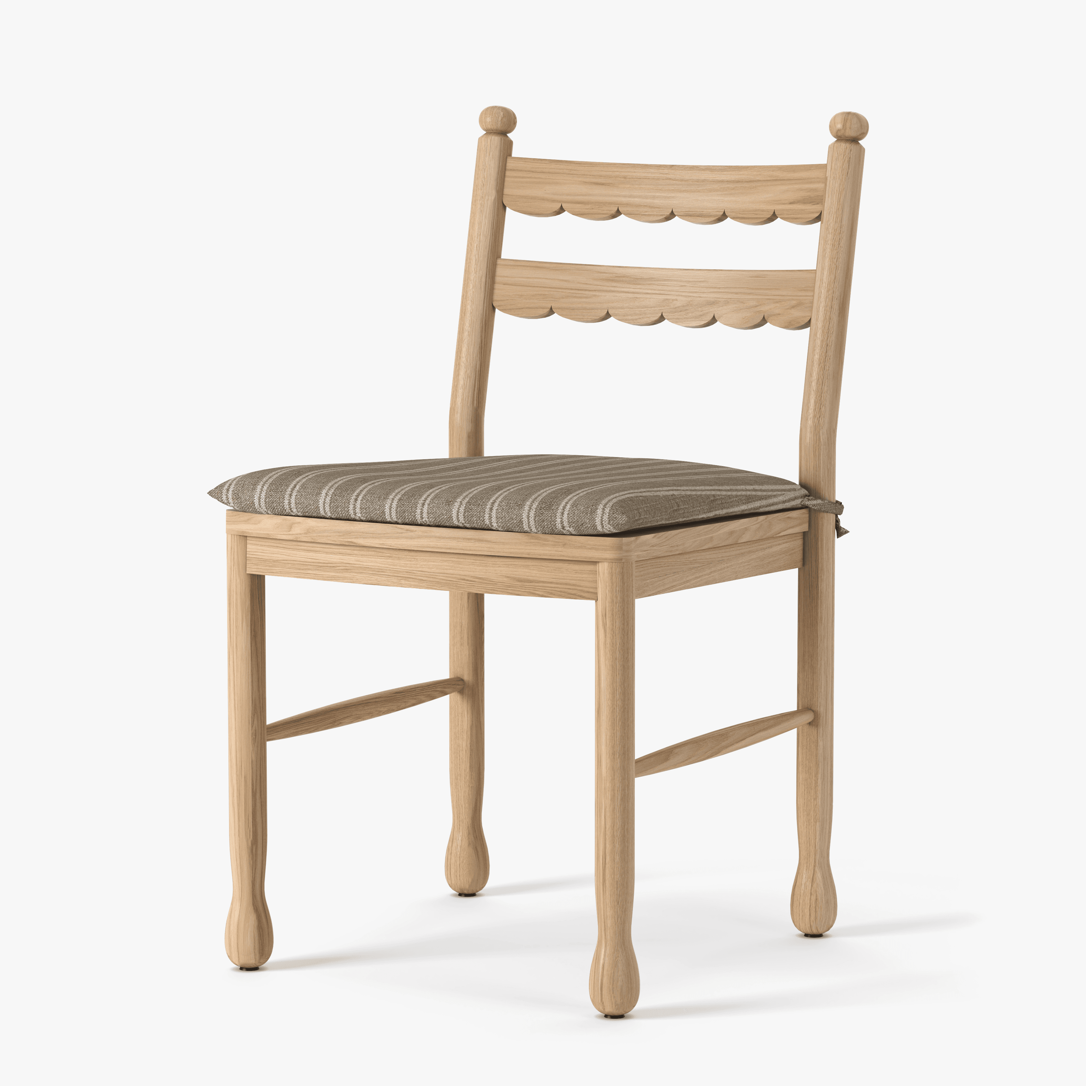 A light-colored wooden chair featuring a distinct scalloped top backrest slat and ball finials atop the back posts. The seat is fitted with a removable, striped padded cushion, secured with ties. The chair stands on four turned legs, with the front two exhibiting a bulbous, carved detail towards the bottom, and stretcher bars connect some of the legs for stability. The wood grain is visible throughout. — 3D model