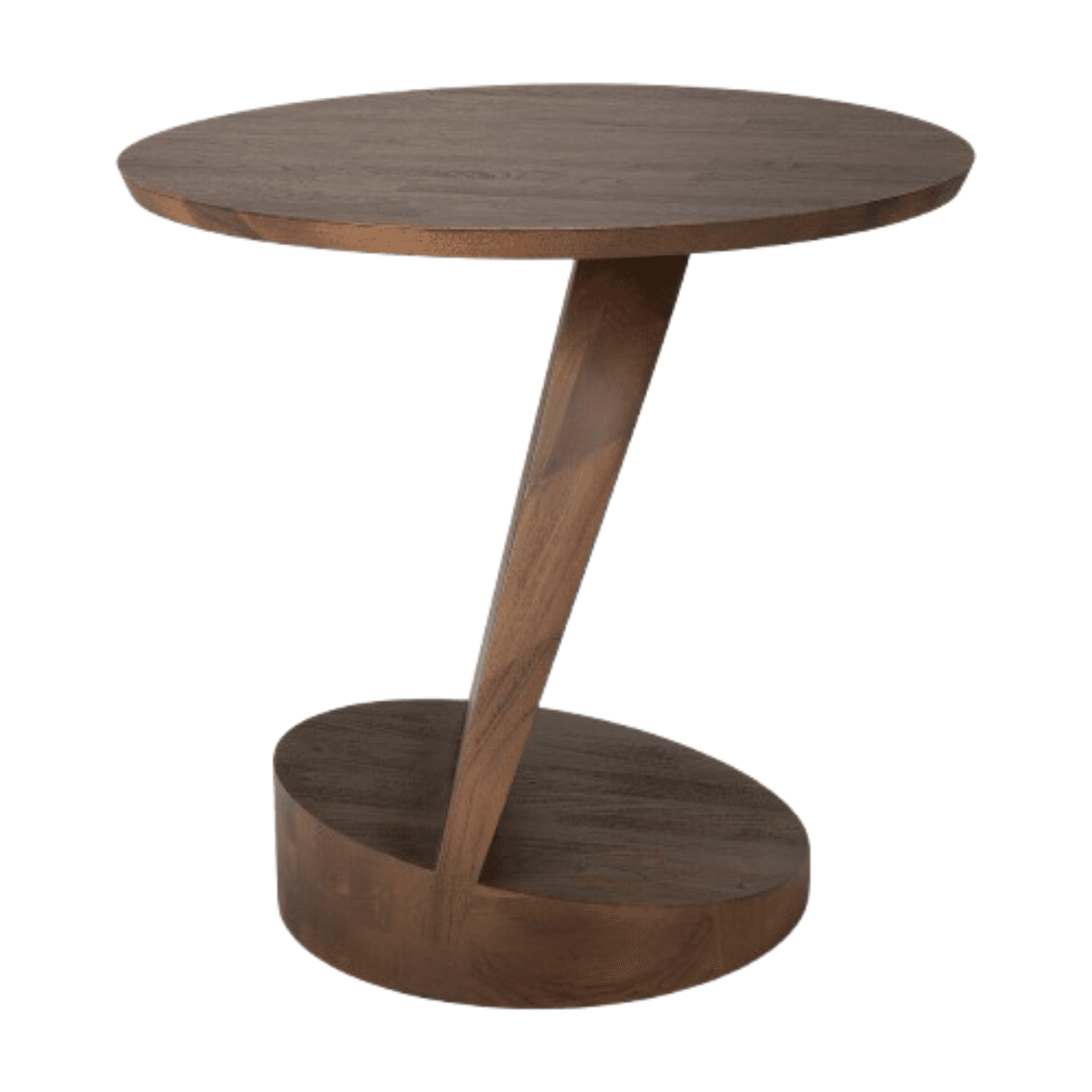 A modern side table featuring a round tabletop and a distinctive angled pedestal base, all crafted from dark-stained wood. The singular support column slopes down to an oval plinth base, providing stability and a sculptural aesthetic. The wood exhibits a visible grain pattern, indicating solid wood construction or high-quality veneer. The design is minimalist and contemporary. — 3D model