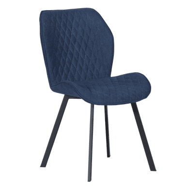 A modern dining chair with a contoured seat and backrest, upholstered in a dark blue textured fabric with a diamond-stitched pattern. The chair features four tapered legs made of black metal, angled outwards for stability. — 3D model