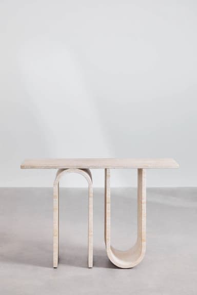 A console table with a rectangular top supported by two arched legs and one straight leg. The design features curved elements and a minimalist aesthetic. — 3D model