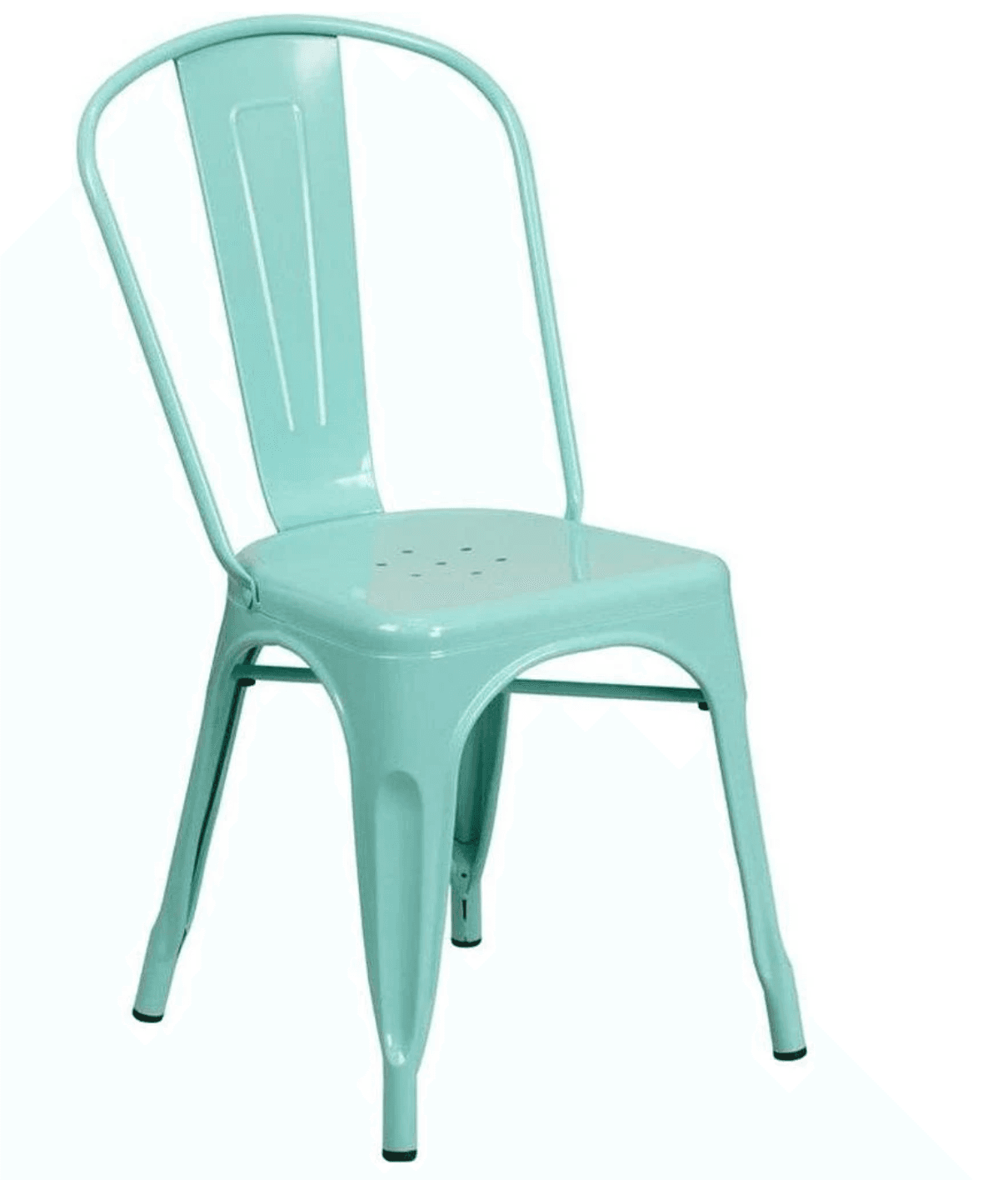 A mint green, industrial-style metal chair, likely steel, featuring a curved backrest, a perforated seat, and four splayed legs with foot glides. — 3D model