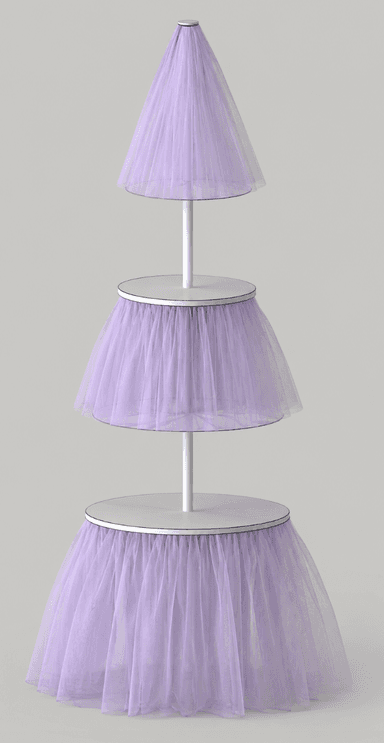 A three-tiered display stand featuring a central white pole and three graduated circular platforms. Each platform is adorned with a voluminous skirt of gathered translucent lavender tulle fabric, creating a soft and decorative aesthetic. The top tier is conical and also covered in tulle. — 3D model