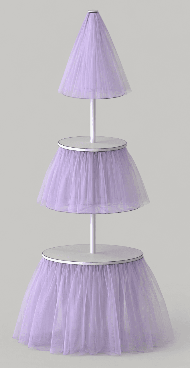 A three-tiered display stand featuring a central white pole and three graduated circular platforms. Each platform is adorned with a voluminous skirt of gathered translucent lavender tulle fabric, creating a soft and decorative aesthetic. The top tier is conical and also covered in tulle. — 3D model