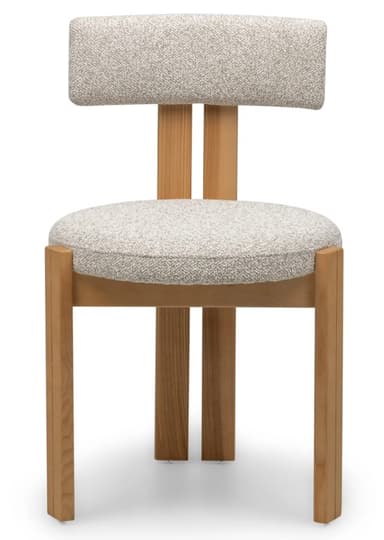A contemporary armless chair with a light wood frame and neutral-toned fabric upholstery. It features a solid wooden construction with four square-profile legs, a circular upholstered seat, and a rectangular upholstered backrest supported by two vertical wooden slats. — 3D model