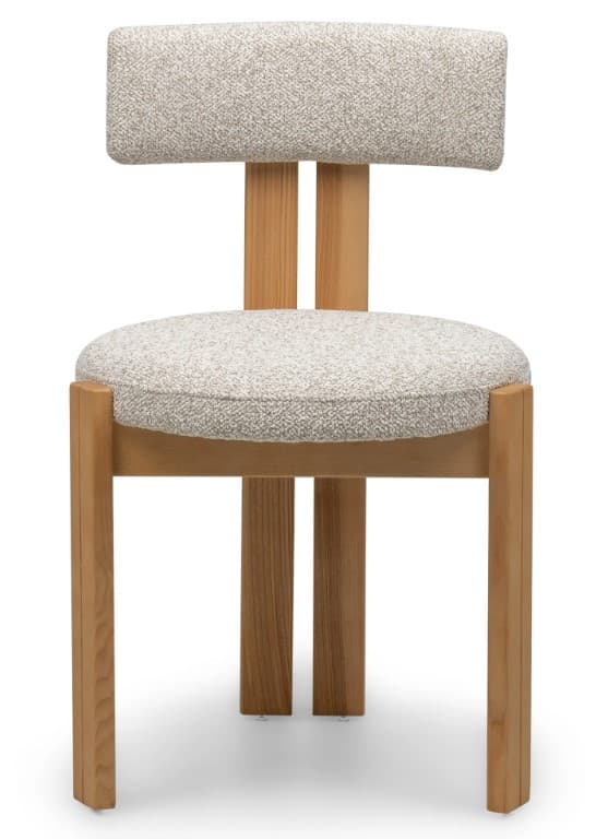 A contemporary armless chair with a light wood frame and neutral-toned fabric upholstery. It features a solid wooden construction with four square-profile legs, a circular upholstered seat, and a rectangular upholstered backrest supported by two vertical wooden slats. — 3D model