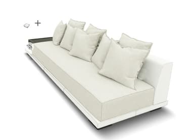 A contemporary, low-profile sofa with a modular design. It features a white base frame and a large, flat seat cushion. Several rectangular, off-white throw pillows are arranged against the back. A dark brown, rectangular side table is attached to the left side of the sofa. The overall aesthetic suggests an outdoor or lounge setting. — 3D model