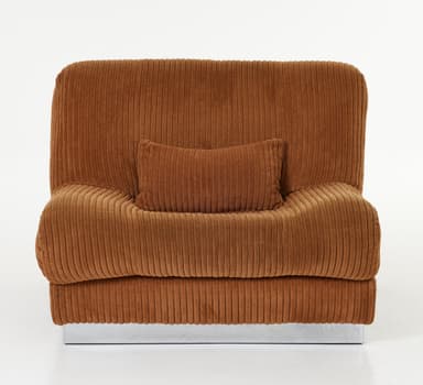 A brown, heavily upholstered lounge chair component with a ribbed corduroy fabric texture, featuring a plush, low-profile design and a slim silver-toned metal plinth base. — 3D model
