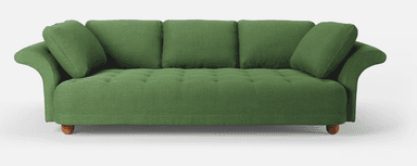 A three-seater sofa with a tufted seat and back cushions. It features rolled arms that curve outwards and short wooden legs. The sofa is upholstered in a textured green fabric and comes with two matching throw pillows. The back cushions are loose, while the seat appears to be a single tufted cushion. — 3D model