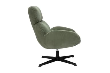 A modern armchair upholstered in green corduroy fabric. It features a high backrest that is divided into two sections, with the upper section slightly wider than the lower. The seat curves around to form integrated armrests. The chair is mounted on a black, five-star pedestal base with a central column, suggesting it may swivel. — 3D model