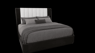 A modern platform bed featuring a tall, upholstered headboard with vertical channel tufting. The headboard is two-toned, with white upholstery for the tufting and dark, possibly wood or upholstered, side wings. The bed frame is a dark color, suggesting an upholstered platform base with a subtle ribbed texture. — 3D model