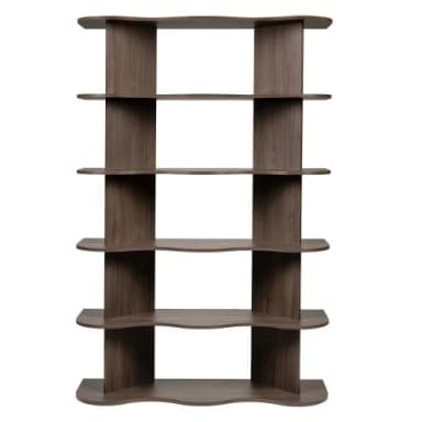 A tall, open bookshelf with a dark wood veneer finish. The bookshelf features five shelves with a distinctive wave-like or undulating contour on the front edge. It has a vertical support structure on each side and in the center, creating a multi-level display area. The overall design is modern and organic. — 3D model