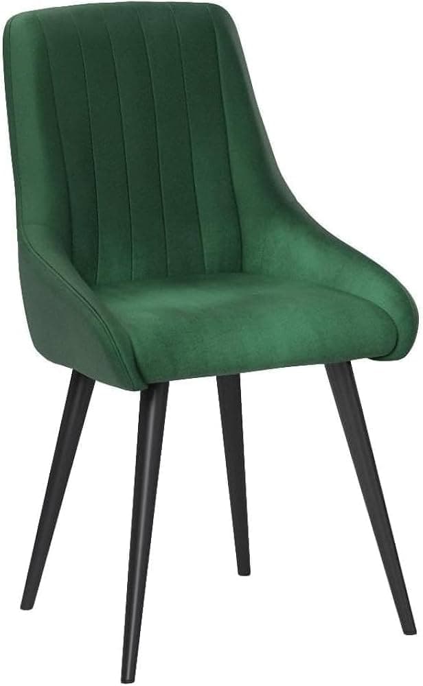 An emerald green velvet upholstered chair with a high back featuring vertical channel tufting and supported by four tapered black legs. — 3D model