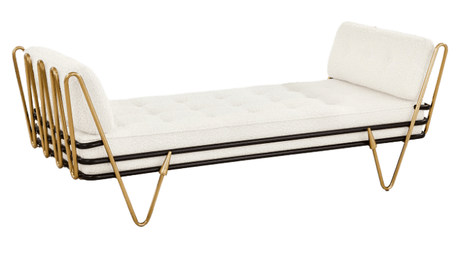 A tufted bench with a white textured upholstery and a distinctive gold metal frame. The frame features a curved design with multiple vertical supports at the head and V-shaped legs. The bench has a low profile and appears to be designed for seating or lounging. — 3D model