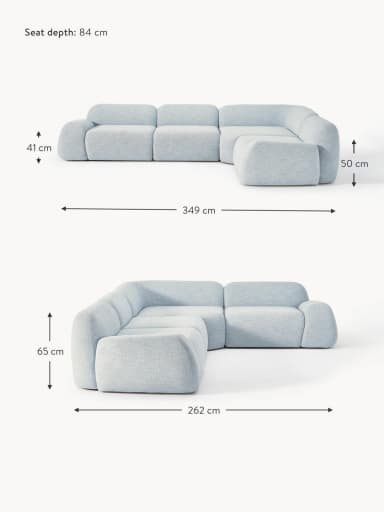 A modular sectional sofa with a chaise lounge component. The sofa features rounded edges and thick cushioning, with each module appearing to be a distinct upholstered block. Dimensions are provided for overall length (349 cm and 262 cm from different angles), seat depth (84 cm), and heights (41 cm, 50 cm, and 65 cm). — 3D model