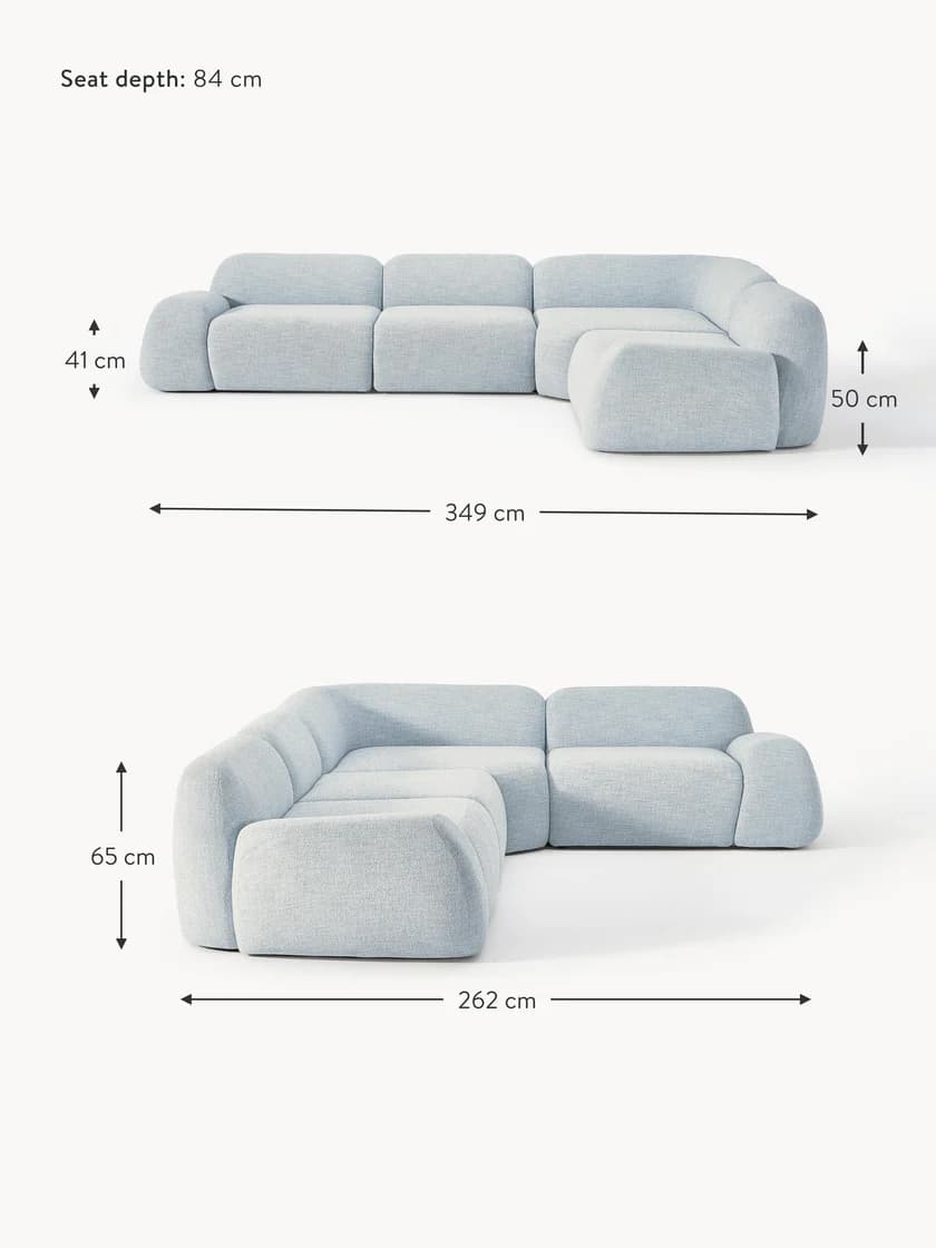 A modular sectional sofa with a chaise lounge component. The sofa features rounded edges and thick cushioning, with each module appearing to be a distinct upholstered block. Dimensions are provided for overall length (349 cm and 262 cm from different angles), seat depth (84 cm), and heights (41 cm, 50 cm, and 65 cm). — 3D model