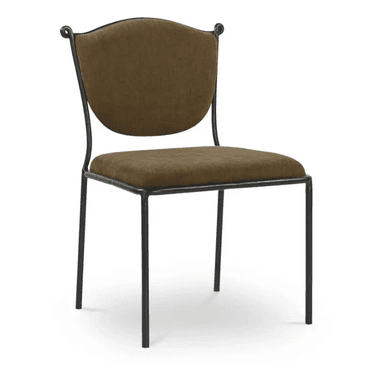 An armless dining chair featuring a black metal frame with an upholstered seat and a curved, upholstered backrest in an olive-green fabric. The frame includes subtle scrolled detailing at the top of the back. — 3D model