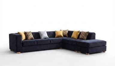 A contemporary L-shaped sectional sofa upholstered in navy blue fabric, featuring an integrated chaise lounge and accented with various decorative pillows. — 3D model
