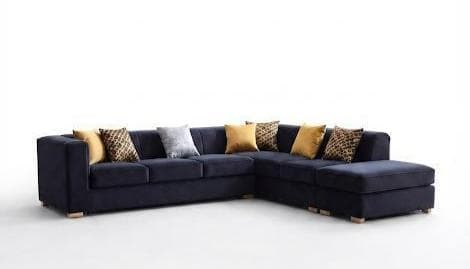 A contemporary L-shaped sectional sofa upholstered in navy blue fabric, featuring an integrated chaise lounge and accented with various decorative pillows. — 3D model