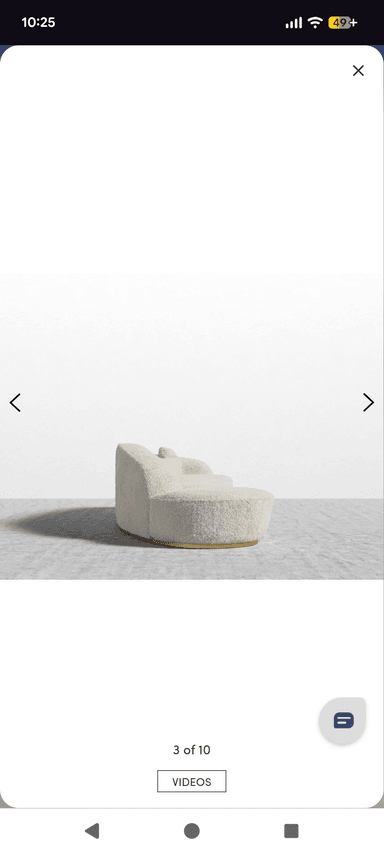 A modern curved sectional sofa upholstered in light bouclé fabric with a recessed gold-finished plinth base, designed for contemporary living spaces. — 3D model