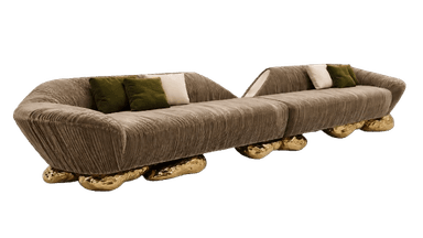 A contemporary modular sectional sofa composed of two distinct sections, upholstered in a ribbed, taupe-brown velvet-like fabric. The sofa features a low-slung profile with gently curved backrests and arms. Its most distinctive feature is the series of organic, sculptural gold-toned bases that support each section, resembling molten metal or polished stone. Each section includes scatter cushions in contrasting green and cream colors. — 3D model