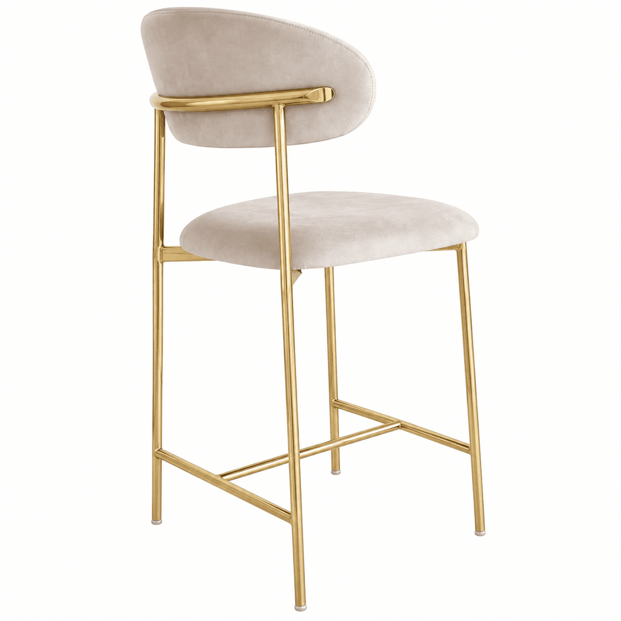 A contemporary bar stool featuring a rounded, low-profile backrest and a circular seat, both upholstered in a light beige or cream velvet fabric. The frame is constructed from slender metal tubing with a polished gold finish, forming a sturdy base with integrated footrests. The design is sleek and modern, suitable for high-top surfaces. — 3D model