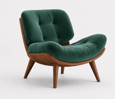 A contemporary lounge chair featuring a deep green velvet upholstery and a curved wooden frame. The seat and backrest are plush, with subtle button tufting, providing a comfortable and inviting aesthetic. The wooden base is made of a warm-toned wood, possibly walnut, and features splayed, tapered legs. The design combines elements of mid-century modern style with a luxurious velvet finish. — 3D model