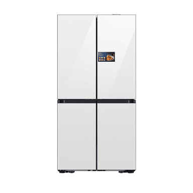 A freestanding, four-door refrigerator with a predominantly white finish.  The refrigerator features a built-in digital display panel located centrally on the upper section.  The doors appear to be made of a smooth, possibly glass or high-gloss, material.  The frame and handles exhibit a dark gray or black accent color.  The unit rests on small, adjustable feet. — 3D model