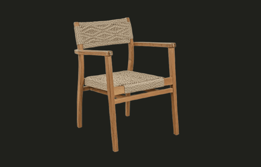 A wooden armchair with a woven seat and backrest. The chair features a natural wood frame with clean lines and a basket-weave pattern on both the seat and the back. The armrests are integrated into the frame, extending from the back legs to the front legs. — 3D model