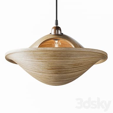 A pendant light fixture featuring an abstract, sculpted shade composed of layered, thin strips resembling wood veneer or a similar natural material. The shade has a dynamic, flowing form with a visible inner core. It is suspended by a dark fabric-covered cord attached to a metallic, antique-finish ceiling canopy. — 3D model