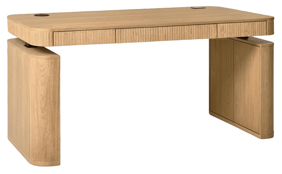 A modern desk crafted from light-toned wood, featuring a rectangular tabletop with rounded corners and two integrated drawers with distinctive fluted fronts. The tabletop appears to float above two solid pedestal bases, each constructed from the same light wood with rounded edges. The desk includes discreet cable management grommets on the top surface. The design emphasizes clean lines and a contemporary aesthetic. — 3D model