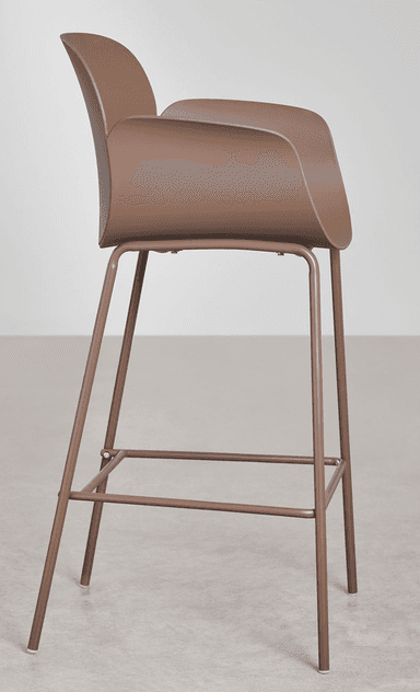 A modern bar stool with a rounded, molded seat and backrest that appears to be made of plastic. The seat and back form a single, continuous shell with a cutout for the arms. The stool is supported by a slender metal frame with four legs connected by a lower crossbar for stability. The overall design is minimalist and contemporary. — 3D model
