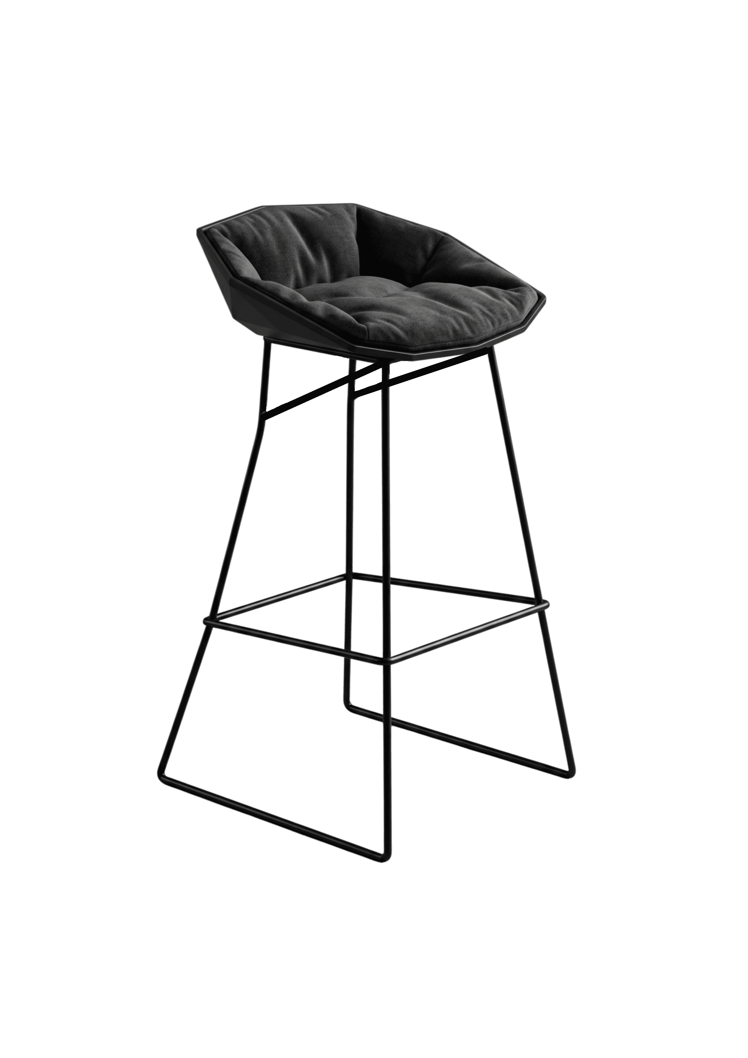 A modern bar stool featuring a distinct geometric, faceted seat shell in black, contrasted with a plush, dark gray upholstered cushion. It is supported by a minimalist black metal wire frame base with integrated footrests. — 3D model