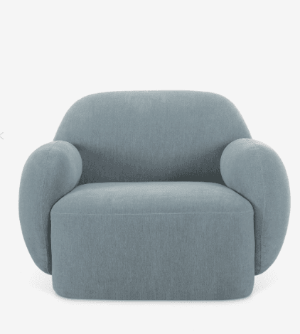 A single-seater armchair with rounded edges and plush upholstery. It features a high, curved back that flows into integrated armrests, and a deep, comfortable seat. The overall design is contemporary and inviting. — 3D model