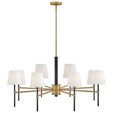 A multi-arm chandelier featuring a central column with radiating arms. It has seven conical-shaped lampshades, each made of white fabric. The frame is constructed from metal, with a combination of brushed gold and black finishes. The design appears modern or contemporary. — 3D model