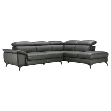 A contemporary dark grey modular sofa, viewed from the rear, featuring three distinct, plush back cushions. The lower back section is panelled, creating a structured aesthetic. The sofa rests on multiple dark, subtly tapered metal legs, with a gracefully curved armrest partially visible on the right side. The upholstery appears to be a smooth, matte faux leather material, indicating a modern design. — 3D model