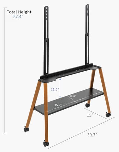 A modern mobile TV stand featuring an A-frame design with light wood legs, black metal components including a display mounting bracket and a lower storage shelf, all supported by caster wheels. — 3D model