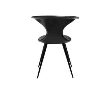 A modern black chair featuring a uniquely sculptural seat and backrest upholstered in what appears to be leather or faux leather with prominent contrasting white stitching. The backrest flares out at the top and narrows significantly at the waist before widening again for the seat. It is supported by four slender, angled black metal legs. — 3D model
