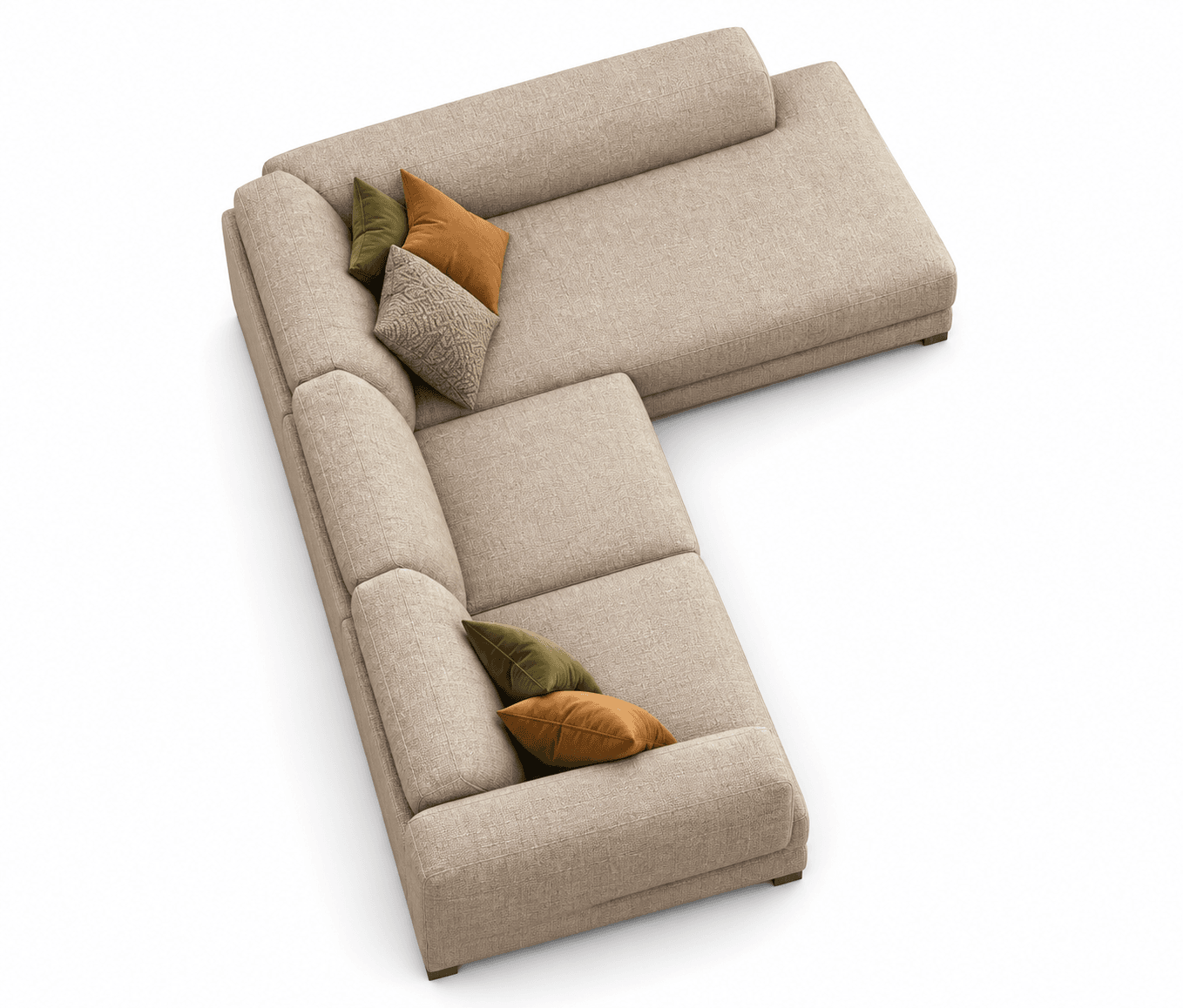 An aerial view of a modern L-shaped sectional sofa featuring a neutral beige textured fabric upholstery. The sofa consists of a multi-seat section and an integrated chaise lounge on the right. It is adorned with several throw pillows in olive green, rust orange, and a patterned beige, providing a touch of color and texture. The design is clean and contemporary with track arms and visible subtle dark wooden feet. — 3D model