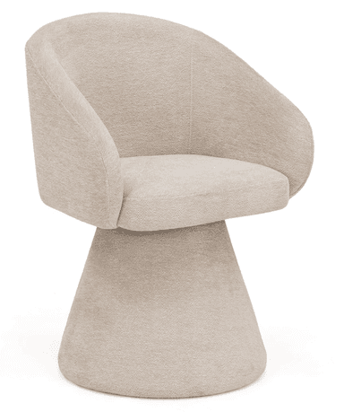 A contemporary armchair with a rounded, enveloping backrest and integrated armrests. The seat is plush and comfortable. It is supported by a distinctive, flared conical base that appears to be a swivel base, allowing for rotation. The upholstery has a textured finish. — 3D model