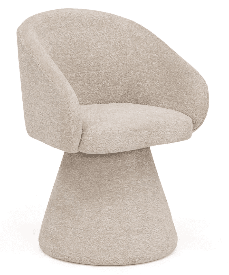 A contemporary armchair with a rounded, enveloping backrest and integrated armrests. The seat is plush and comfortable. It is supported by a distinctive, flared conical base that appears to be a swivel base, allowing for rotation. The upholstery has a textured finish. — 3D model